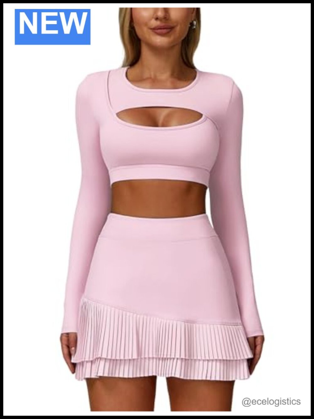 High Waisted Pleated A-Line Mini Skirt Set Cutout Crop Top Yoga Athletic